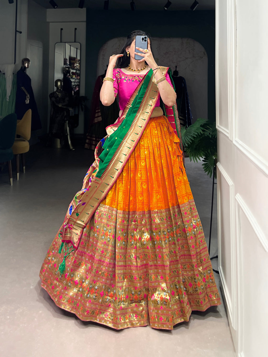 Lorenvalley Orange Jacquard Silk Paithani Zari Weaving Work Lehenga Choli with Dupatta | Grocsy