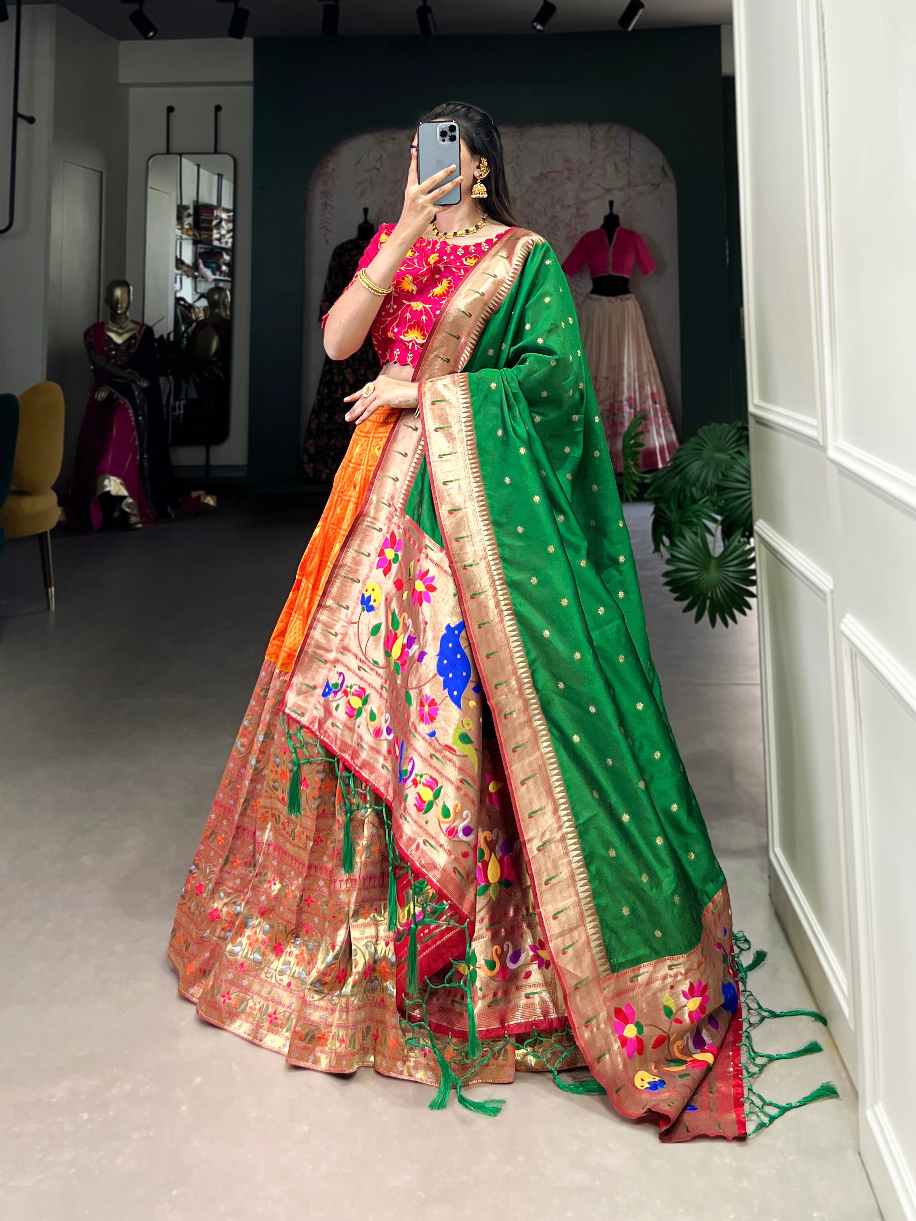 Lorenvalley Orange Jacquard Silk Paithani Zari Weaving Work Lehenga Choli with Dupatta | Grocsy