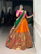 Lorenvalley Orange Jacquard Silk Paithani Zari Weaving Work Lehenga Choli with Dupatta | Grocsy