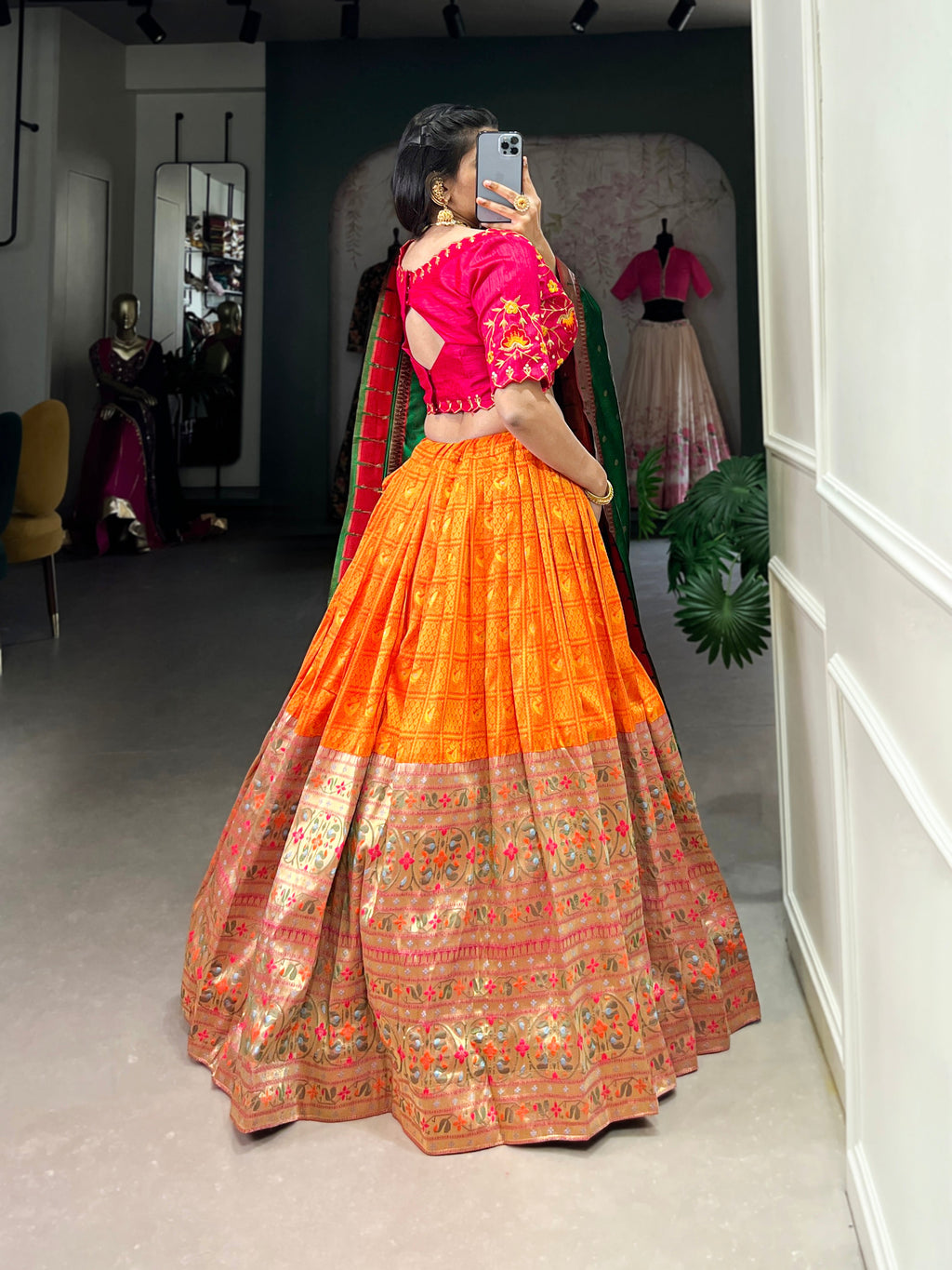 Lorenvalley Orange Jacquard Silk Paithani Zari Weaving Work Lehenga Choli with Dupatta | Grocsy