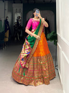 Lorenvalley Orange Jacquard Silk Paithani Zari Weaving Work Lehenga Choli with Dupatta | Grocsy
