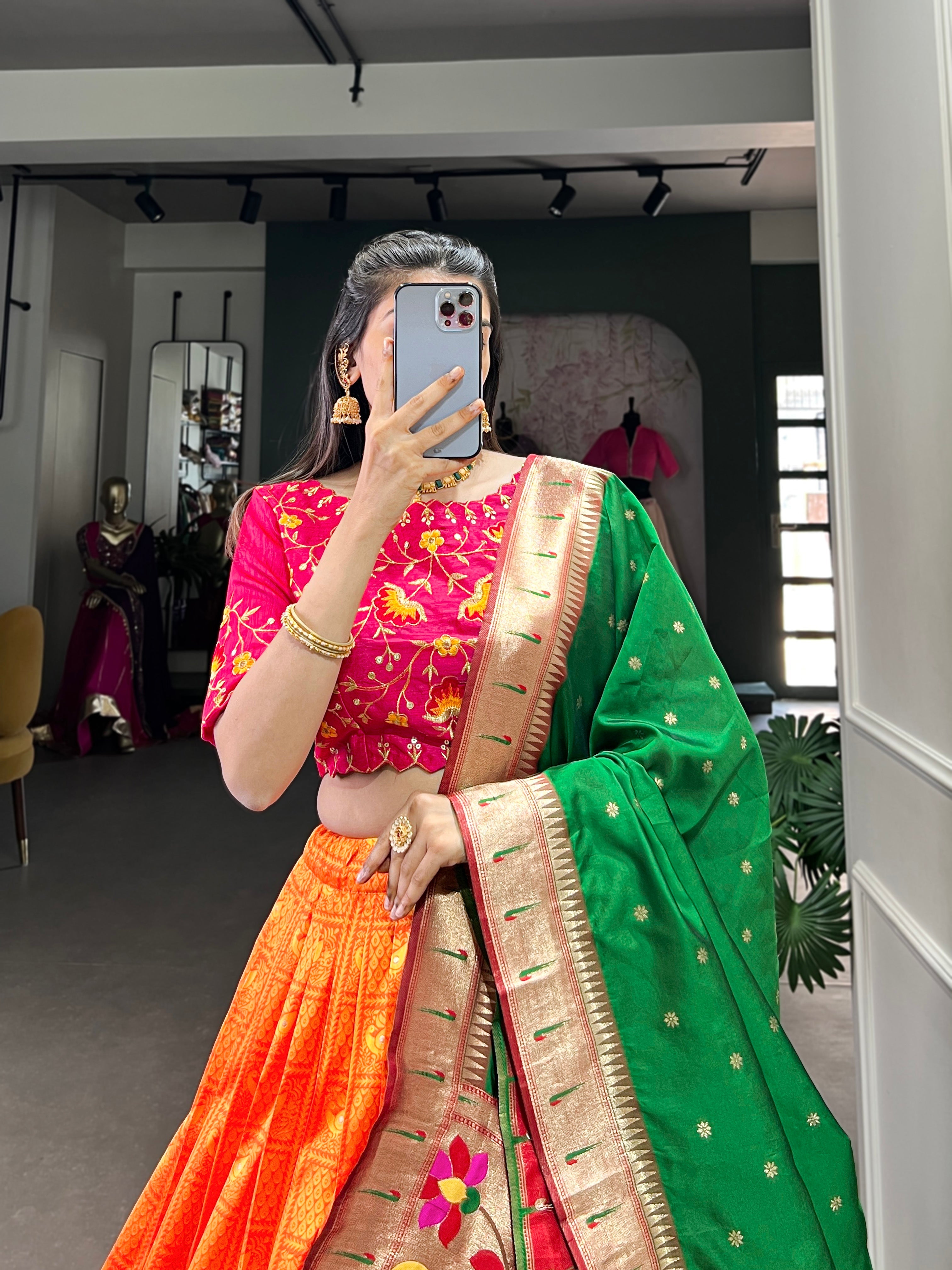 Lorenvalley Orange Jacquard Silk Paithani Zari Weaving Work Lehenga Choli with Dupatta | Grocsy