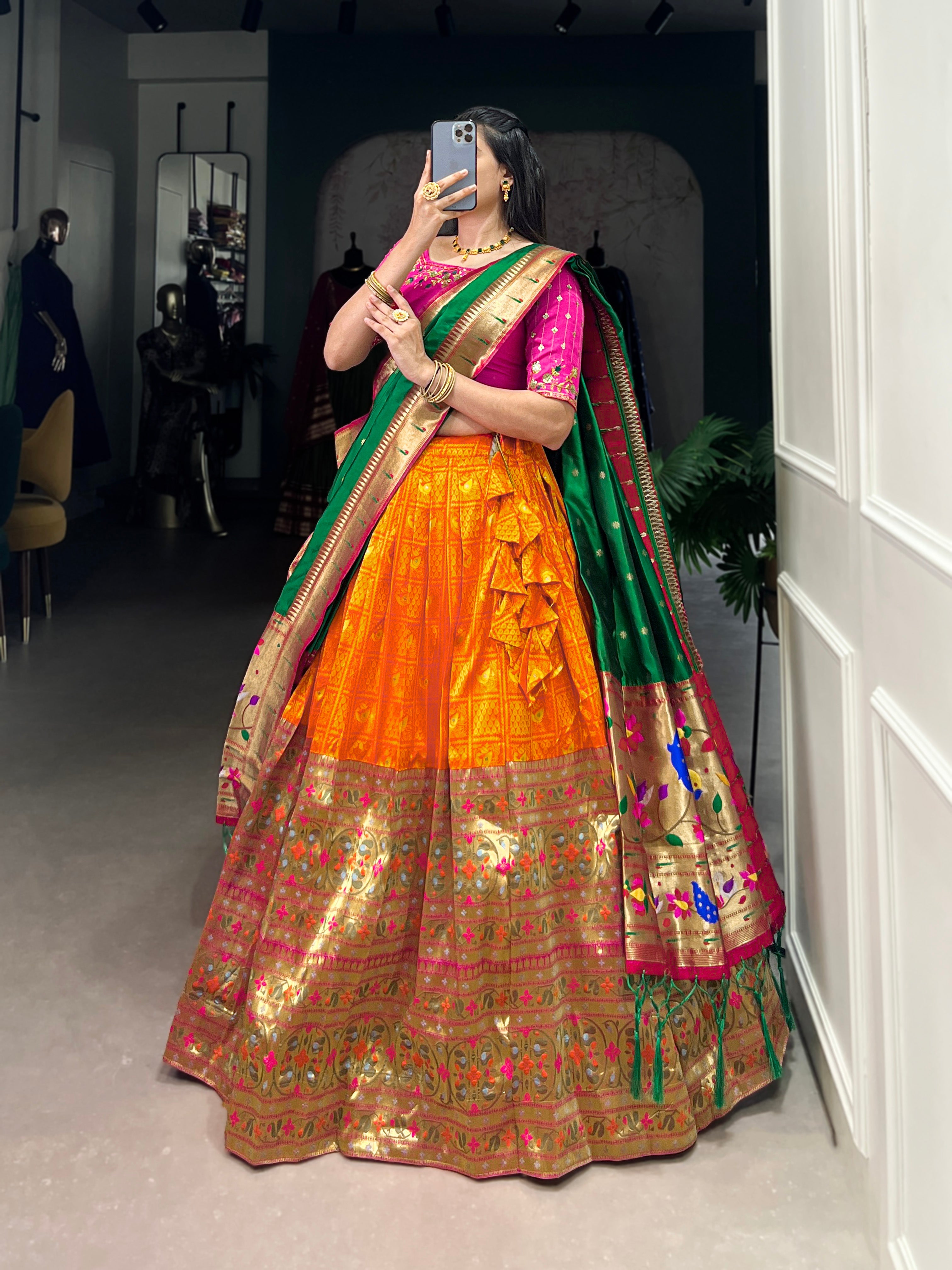 Lorenvalley Orange Jacquard Silk Paithani Zari Weaving Work Lehenga Choli with Dupatta | Grocsy