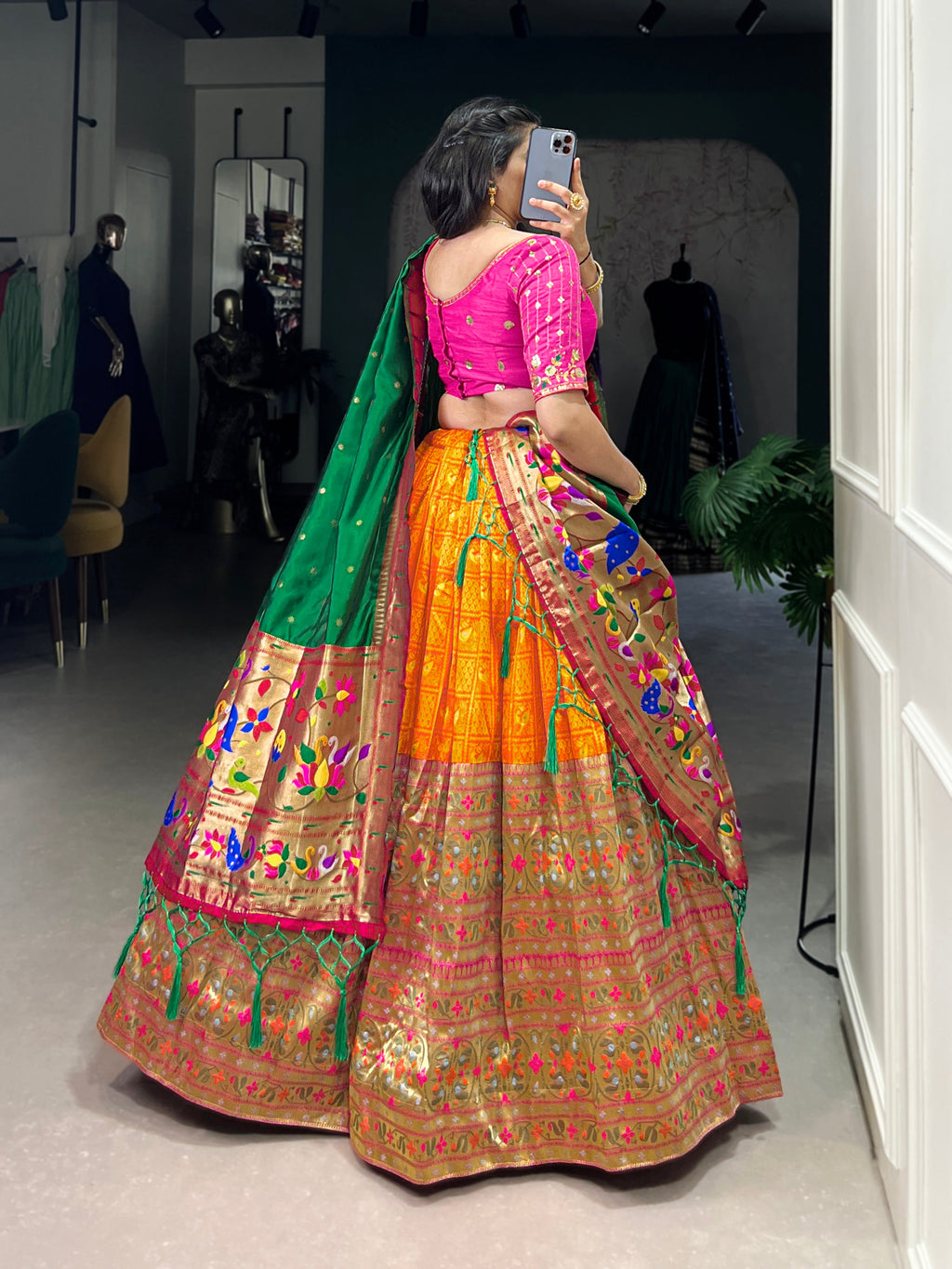 Lorenvalley Orange Jacquard Silk Paithani Zari Weaving Work Lehenga Choli with Dupatta | Grocsy