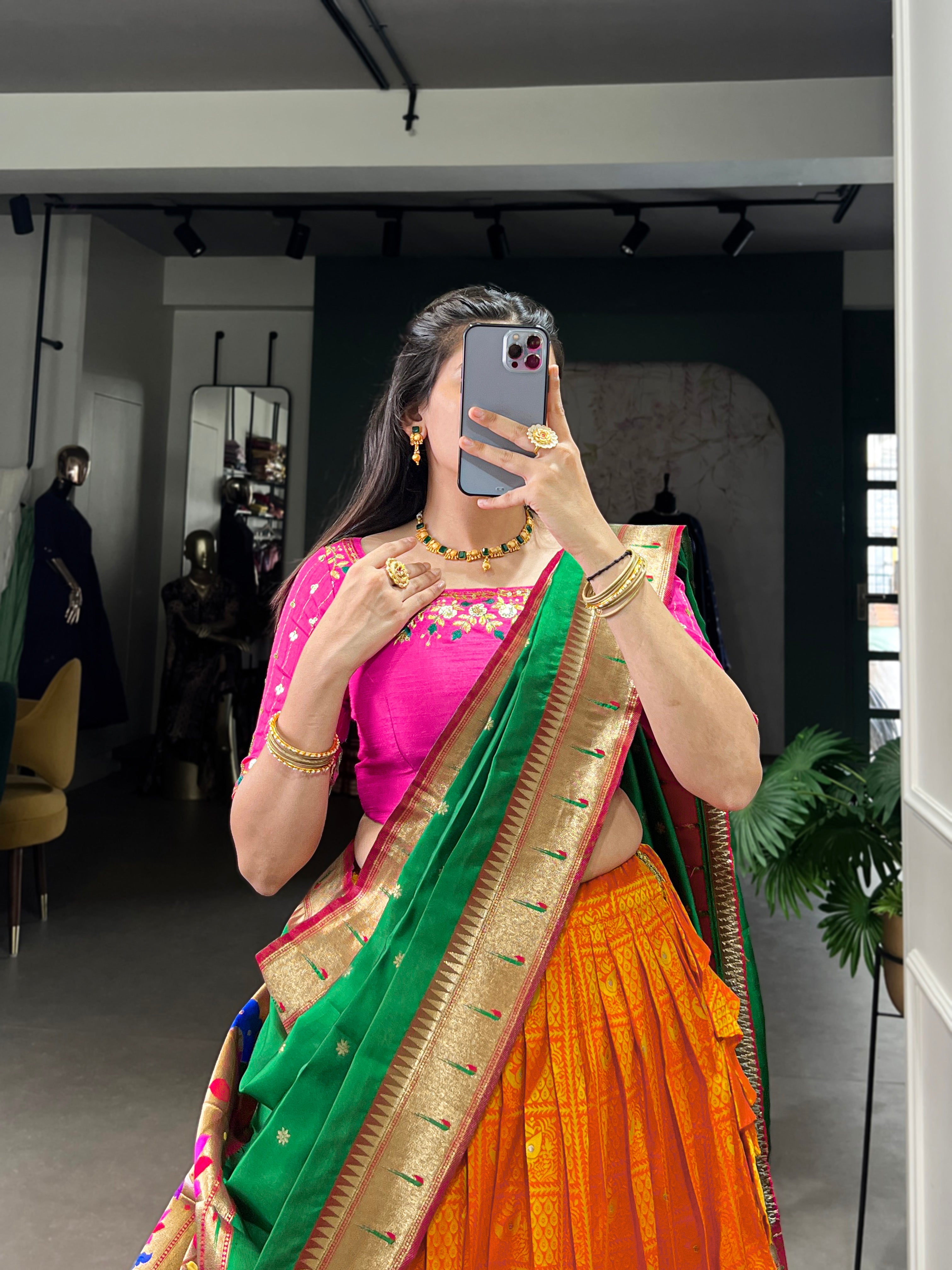 Lorenvalley Orange Jacquard Silk Paithani Zari Weaving Work Lehenga Choli with Dupatta | Grocsy