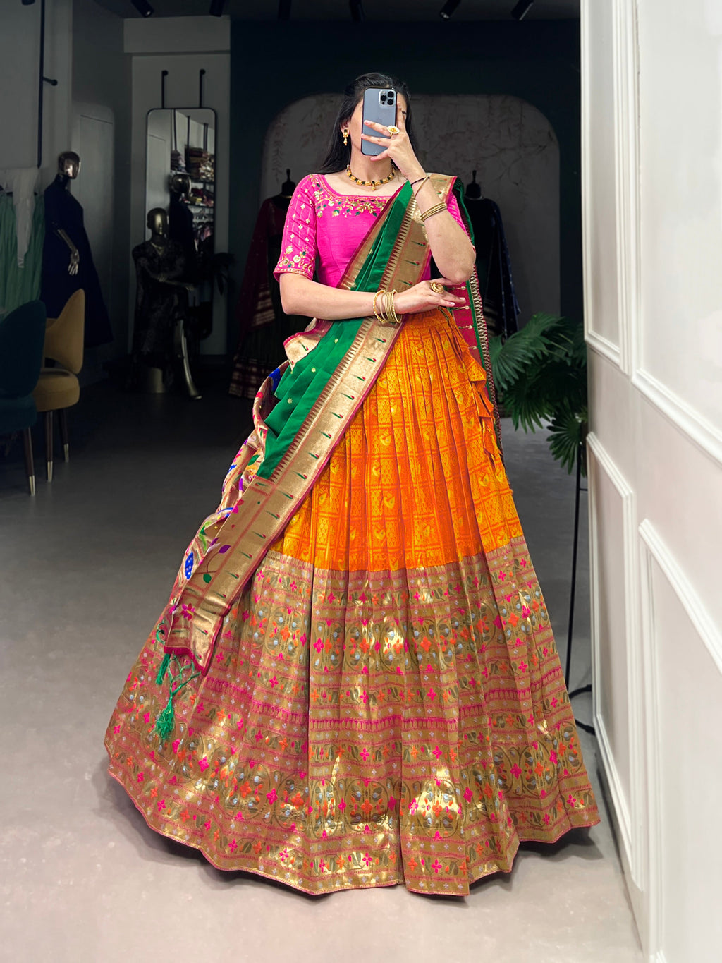 Lorenvalley Orange Jacquard Silk Paithani Zari Weaving Work Lehenga Choli with Dupatta | Grocsy