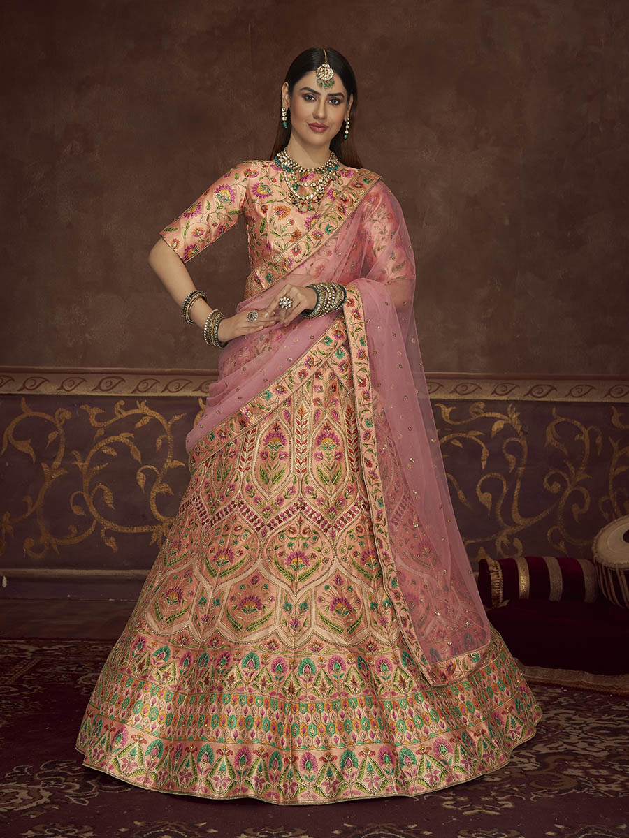 Myra Peach Pink Art Silk Embroidered Designer Lehenga | Grocsy