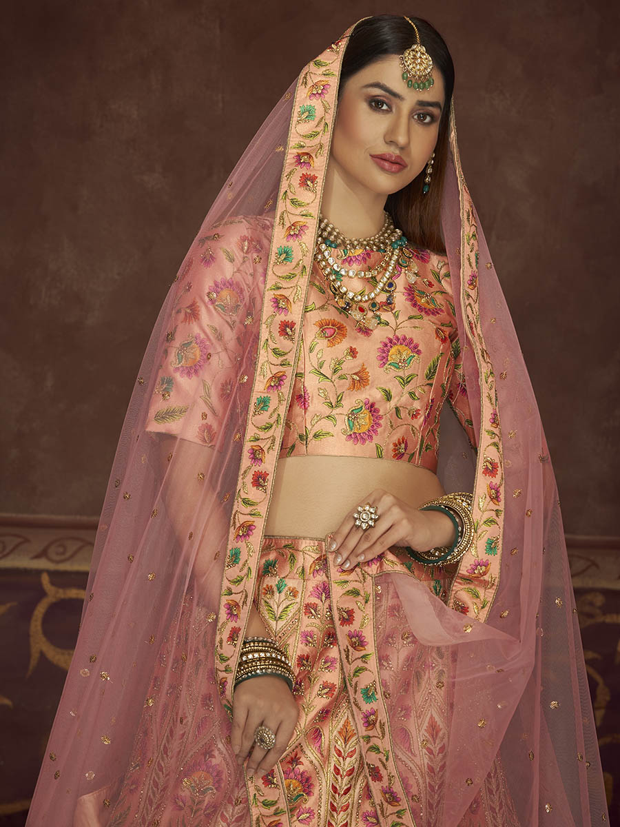 Myra Peach Pink Art Silk Embroidered Designer Lehenga | Grocsy