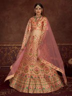 Myra Peach Pink Art Silk Embroidered Designer Lehenga | Grocsy