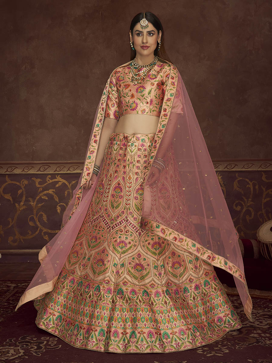Myra Peach Pink Art Silk Embroidered Designer Lehenga | Grocsy