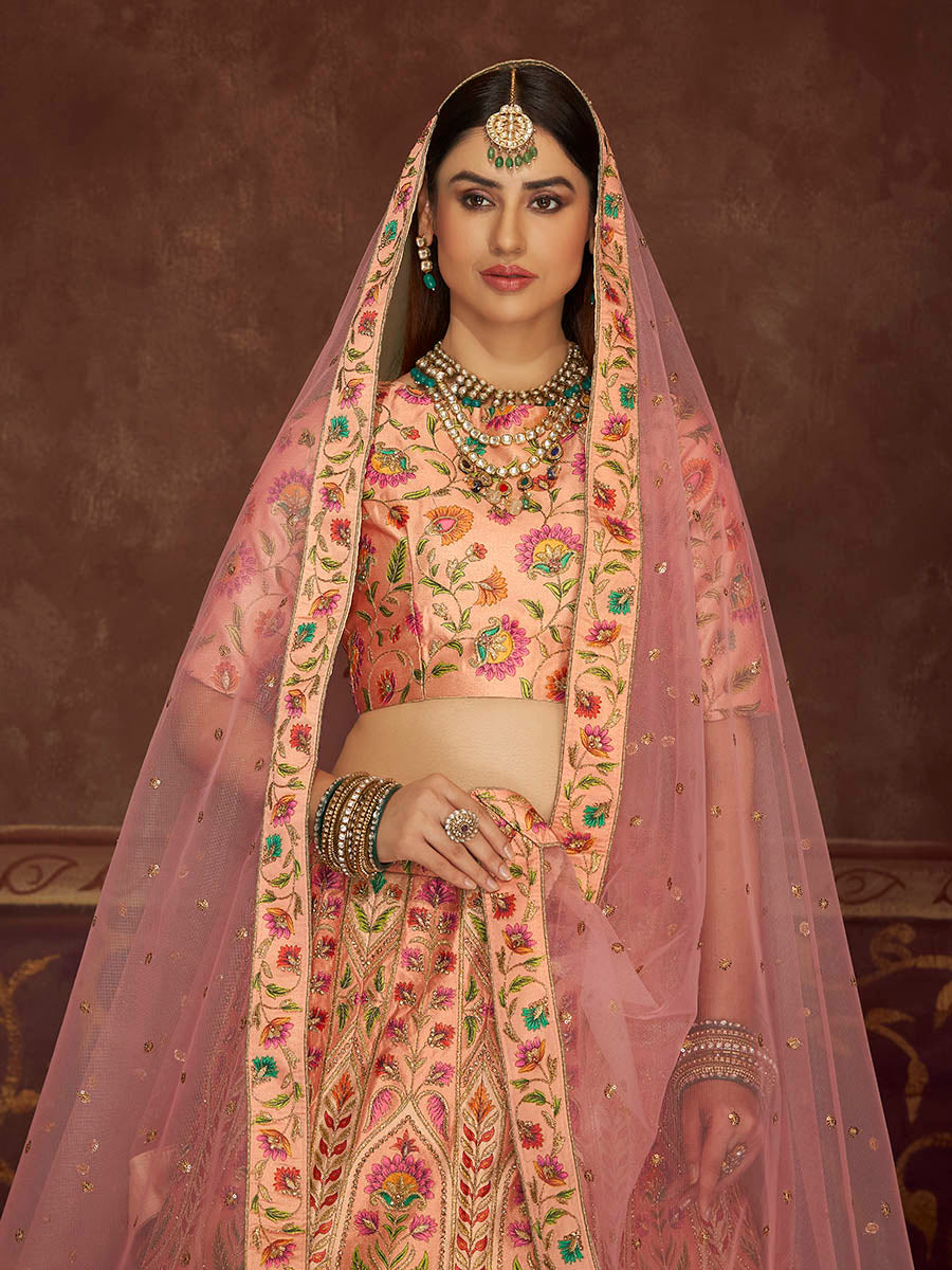 Myra Peach Pink Art Silk Embroidered Designer Lehenga | Grocsy