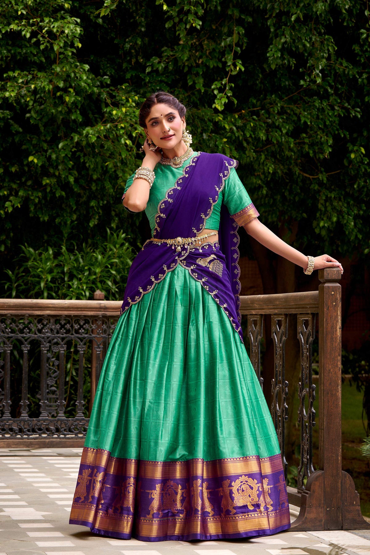 Evanik Traditional Bottle Green Poly Cotton Half Saree With Zari Weaving Work Lehenga Choli | Grocsy