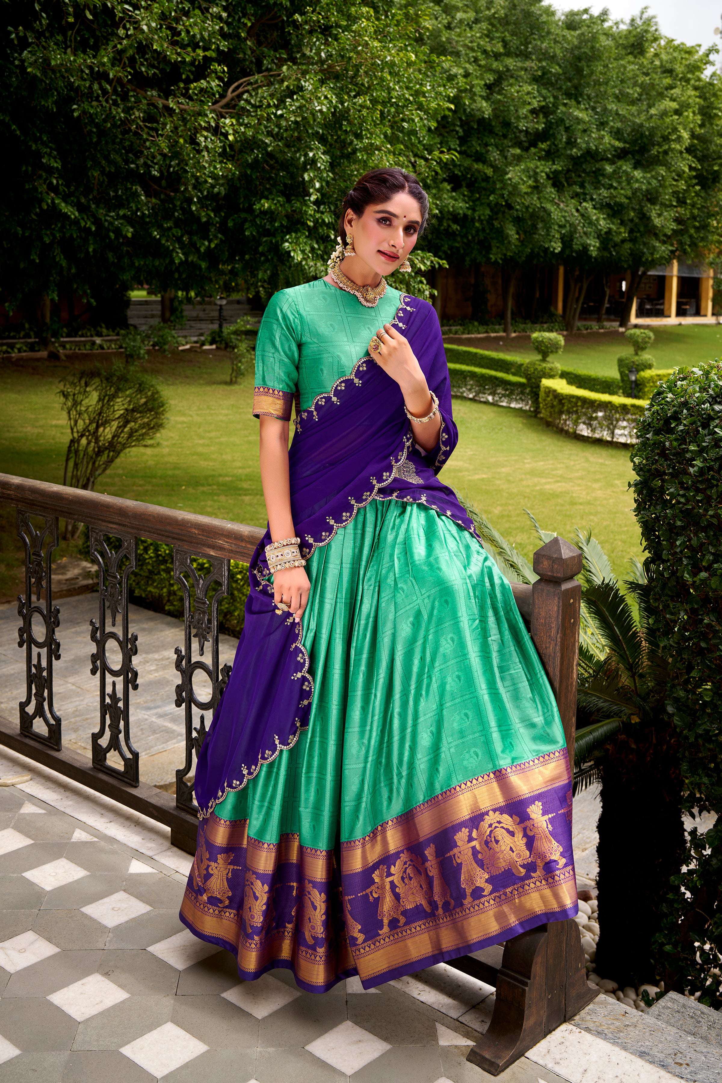 Evanik Traditional Bottle Green Poly Cotton Half Saree With Zari Weaving Work Lehenga Choli | Grocsy