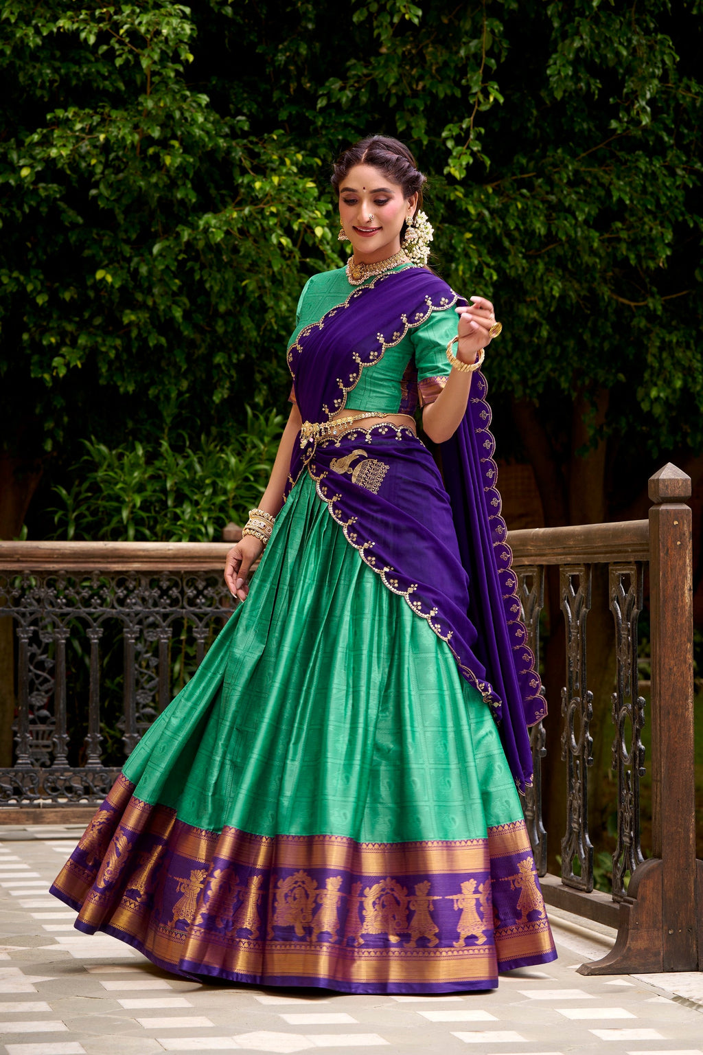 Lorenvalley Fashion Green Poly Cotton Zari Weaving Work Lehenga Choli with Dupatta | Grocsy
