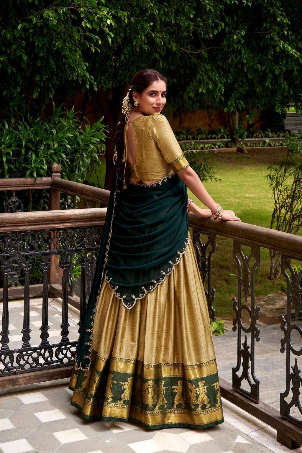 Evanik Traditional Cream Poly Cotton Half Saree With Zari Weaving Work Lehenga Choli | Grocsy