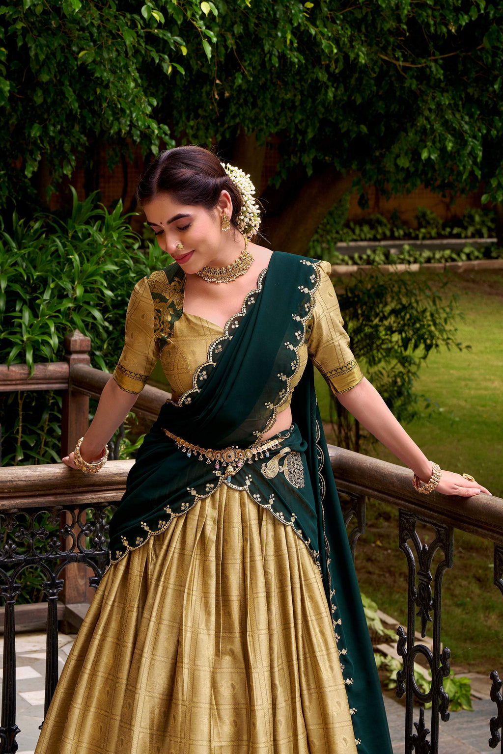 Evanik Traditional Cream Poly Cotton Half Saree With Zari Weaving Work Lehenga Choli | Grocsy