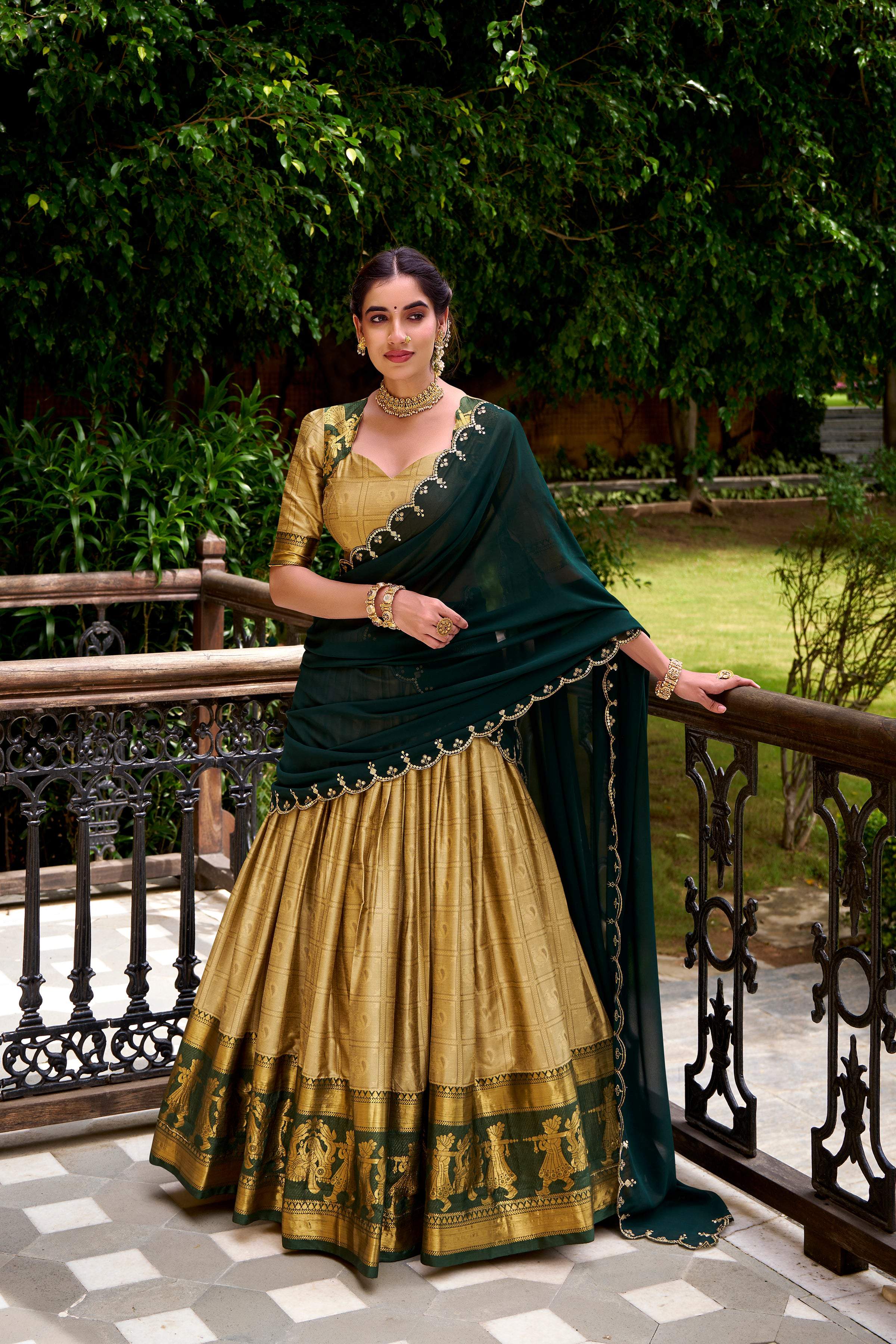 Evanik Traditional Cream Poly Cotton Half Saree With Zari Weaving Work Lehenga Choli | Grocsy