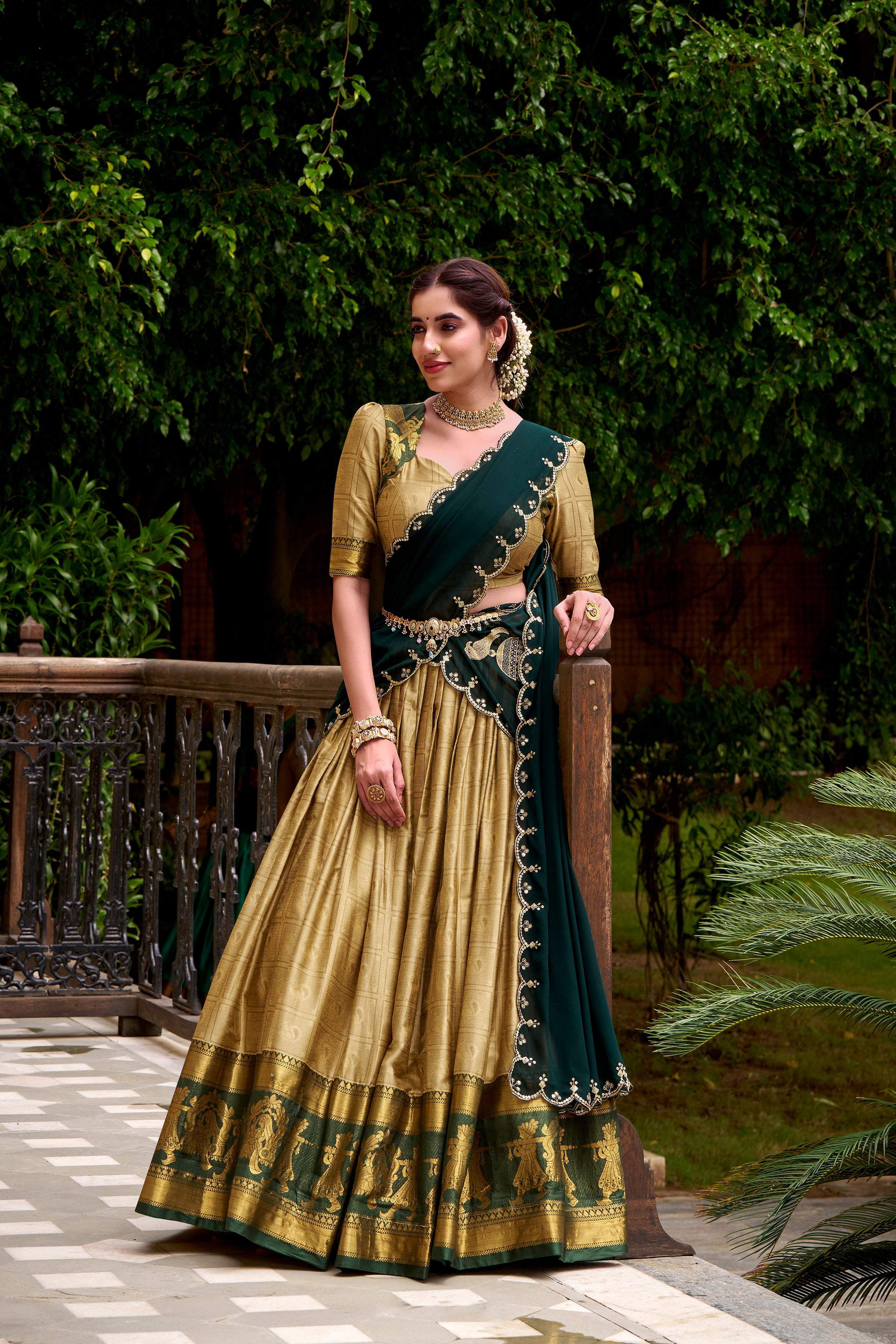 Evanik Traditional Cream Poly Cotton Half Saree With Zari Weaving Work Lehenga Choli | Grocsy