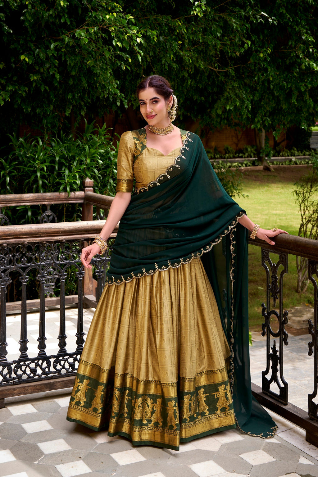 Lorenvalley Fashion Cream Poly Cotton Zari Weaving Work Lehenga Choli with Dupatta | Grocsy