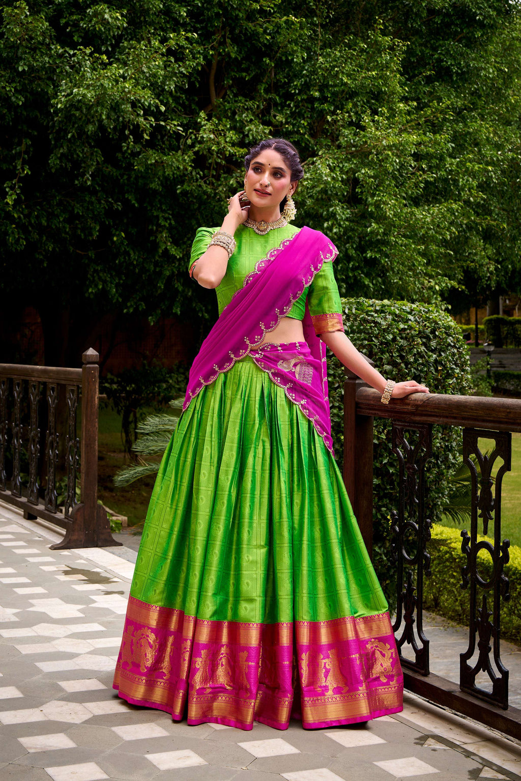 Evanik Traditional Parrot Poly Cotton Half Saree With Zari Weaving Work Lehenga Choli | Grocsy