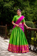 Evanik Traditional Parrot Poly Cotton Half Saree With Zari Weaving Work Lehenga Choli | Grocsy