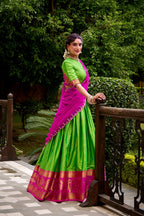 Evanik Traditional Parrot Poly Cotton Half Saree With Zari Weaving Work Lehenga Choli | Grocsy
