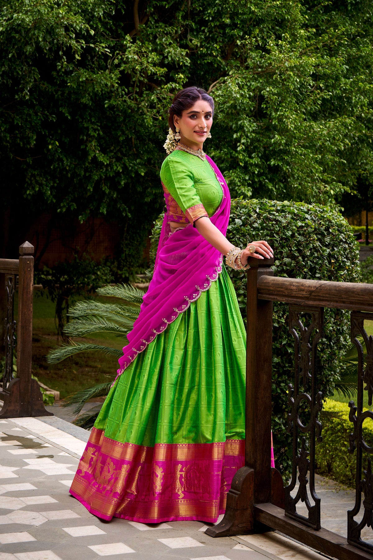 Evanik Traditional Parrot Poly Cotton Half Saree With Zari Weaving Work Lehenga Choli | Grocsy