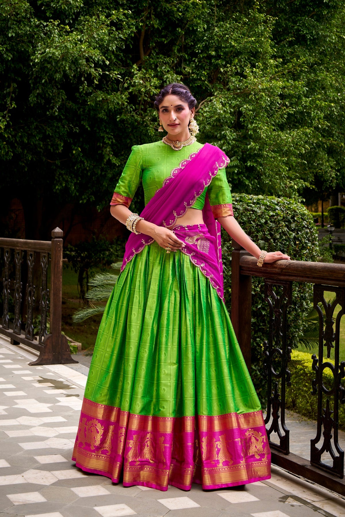 Lorenvalley Fashion Parrot Green Poly Cotton Zari Weaving Work Lehenga Choli with Dupatta | Grocsy