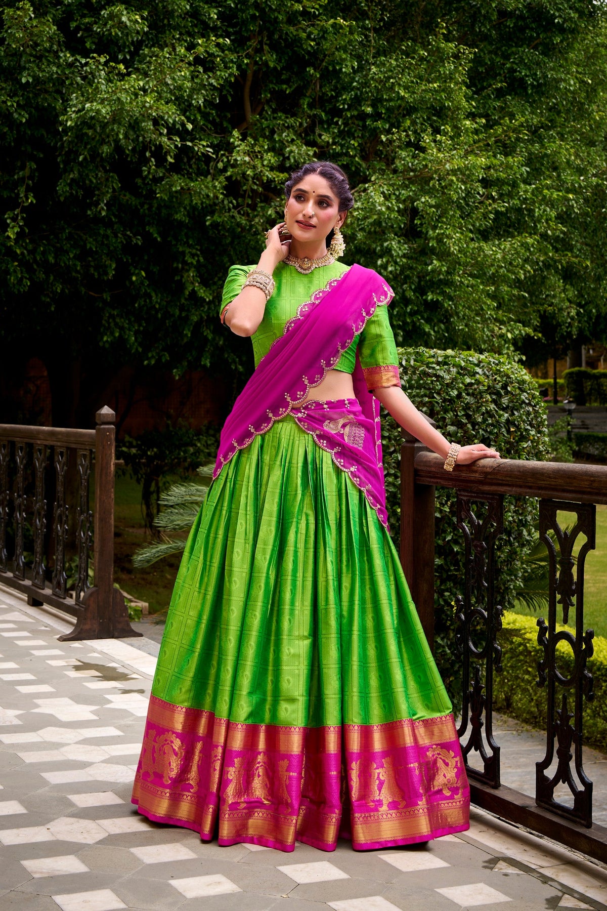 Lorenvalley Fashion Parrot Green Poly Cotton Zari Weaving Work Lehenga Choli with Dupatta | Grocsy