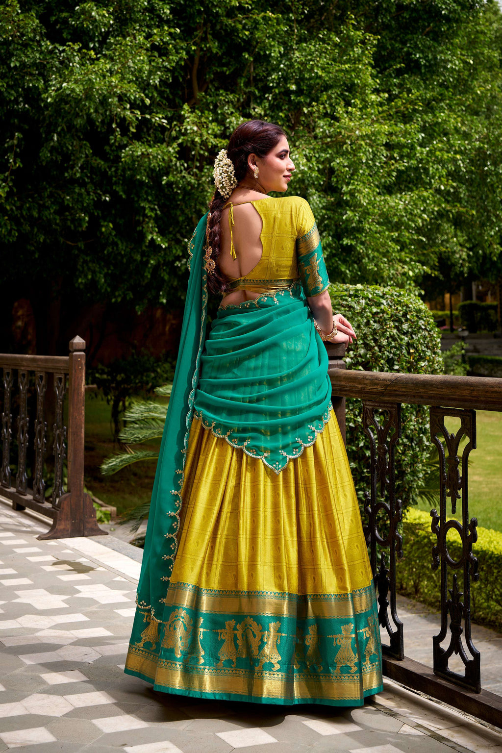 Evanik Traditional Yellow Poly Cotton Half Saree With Zari Weaving Work Lehenga Choli | Grocsy