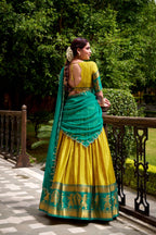 Evanik Traditional Yellow Poly Cotton Half Saree With Zari Weaving Work Lehenga Choli | Grocsy