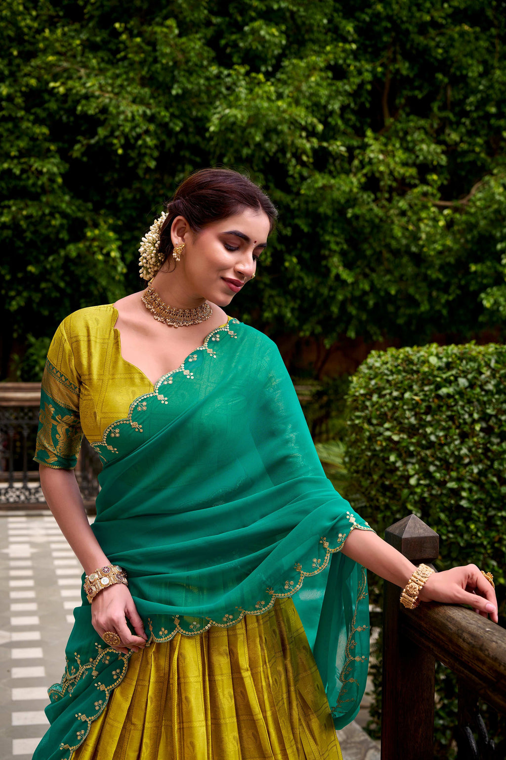 Evanik Traditional Yellow Poly Cotton Half Saree With Zari Weaving Work Lehenga Choli | Grocsy