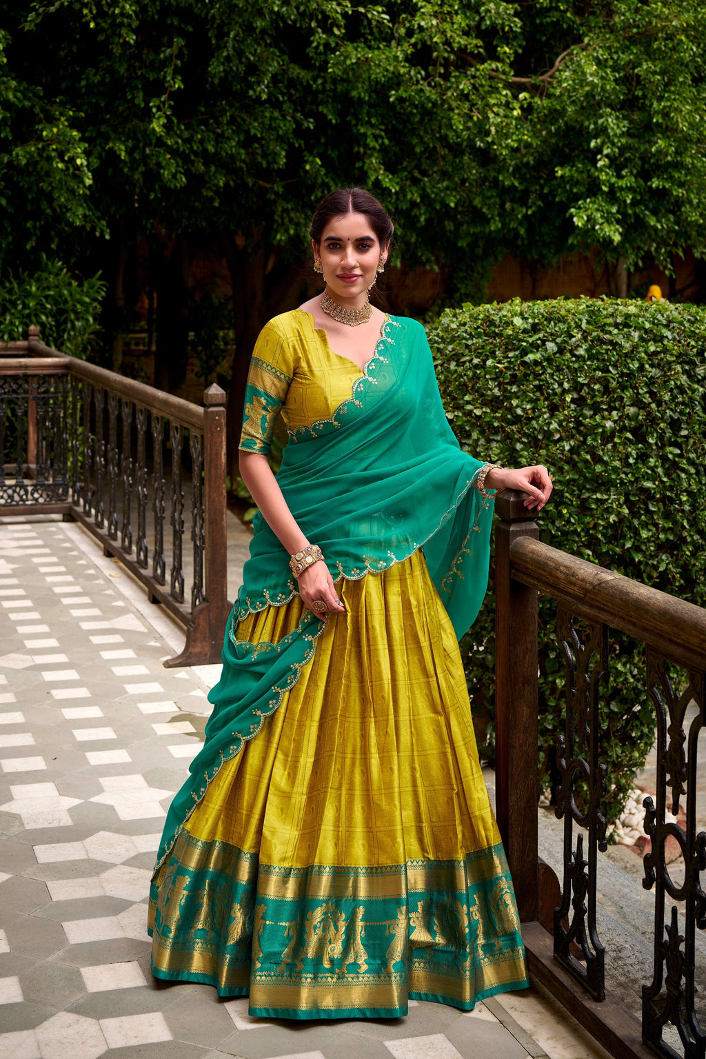 Evanik Traditional Yellow Poly Cotton Half Saree With Zari Weaving Work Lehenga Choli | Grocsy