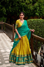 Evanik Traditional Yellow Poly Cotton Half Saree With Zari Weaving Work Lehenga Choli | Grocsy