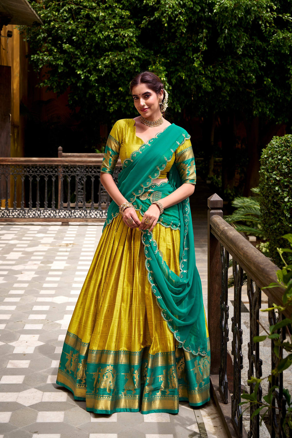 Evanik Traditional Yellow Poly Cotton Half Saree With Zari Weaving Work Lehenga Choli | Grocsy