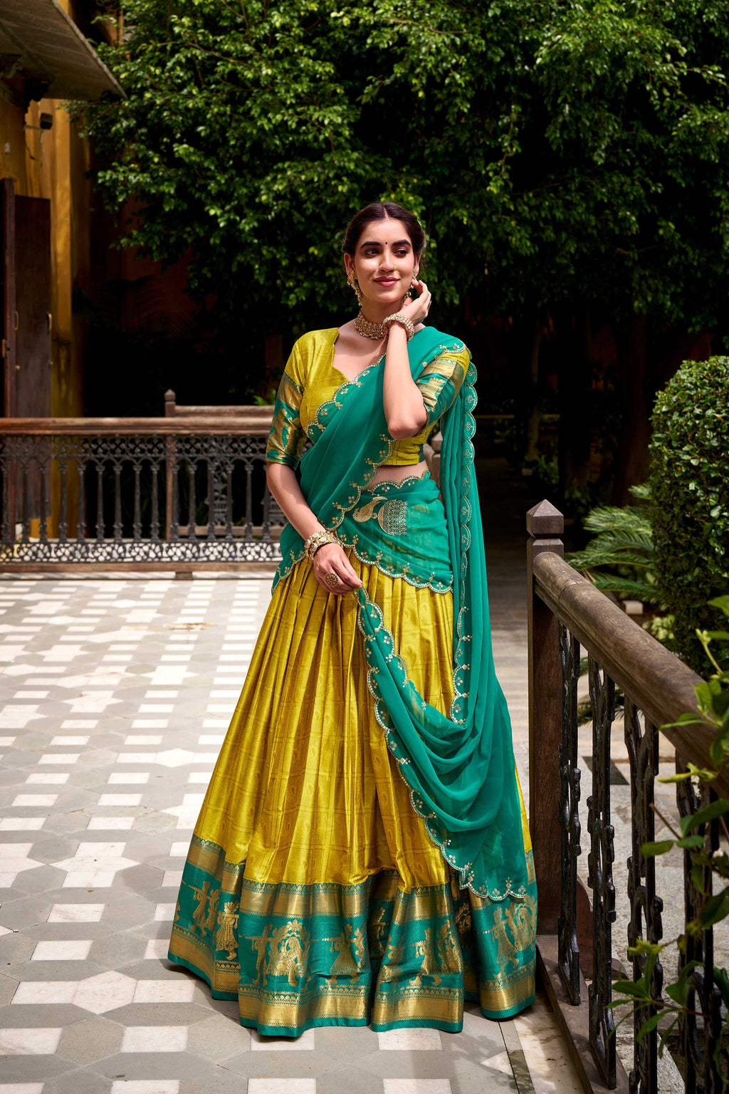 Evanik Traditional Yellow Poly Cotton Half Saree With Zari Weaving Work Lehenga Choli | Grocsy