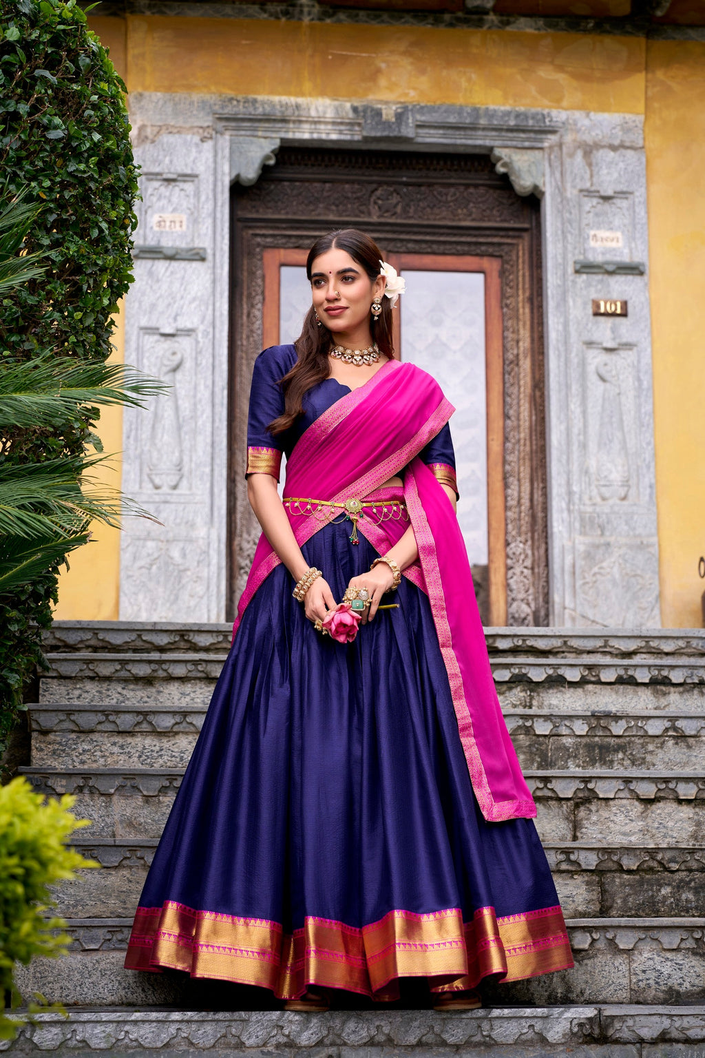 Lorenvalley Fashion Navyblue Poly Cotton Zari Weaving Work Lehenga Choli with Dupatta | Grocsy