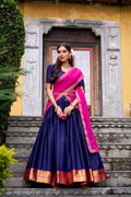 Lorenvalley Fashion Navyblue Poly Cotton Zari Weaving Work Lehenga Choli with Dupatta | Grocsy
