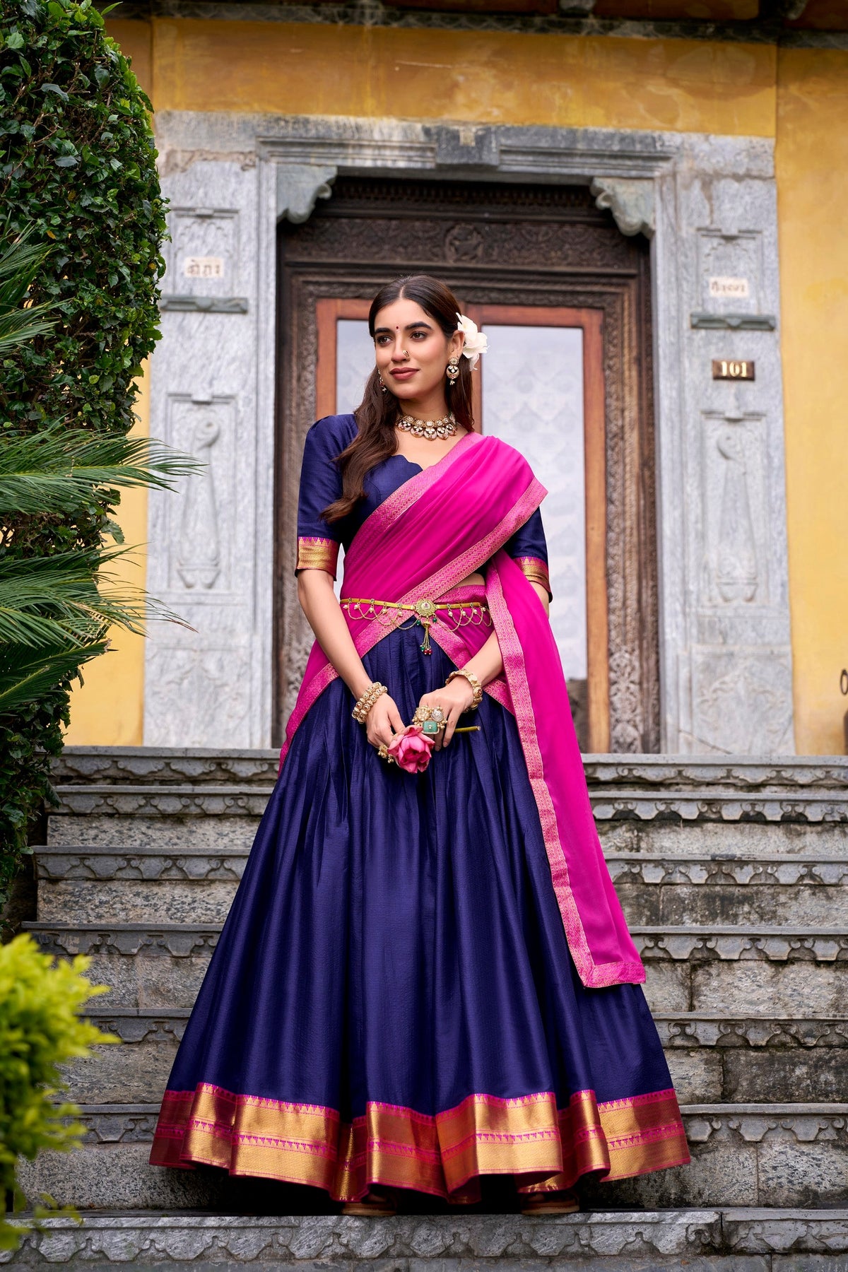 Lorenvalley Fashion Navyblue Poly Cotton Zari Weaving Work Lehenga Choli with Dupatta | Grocsy