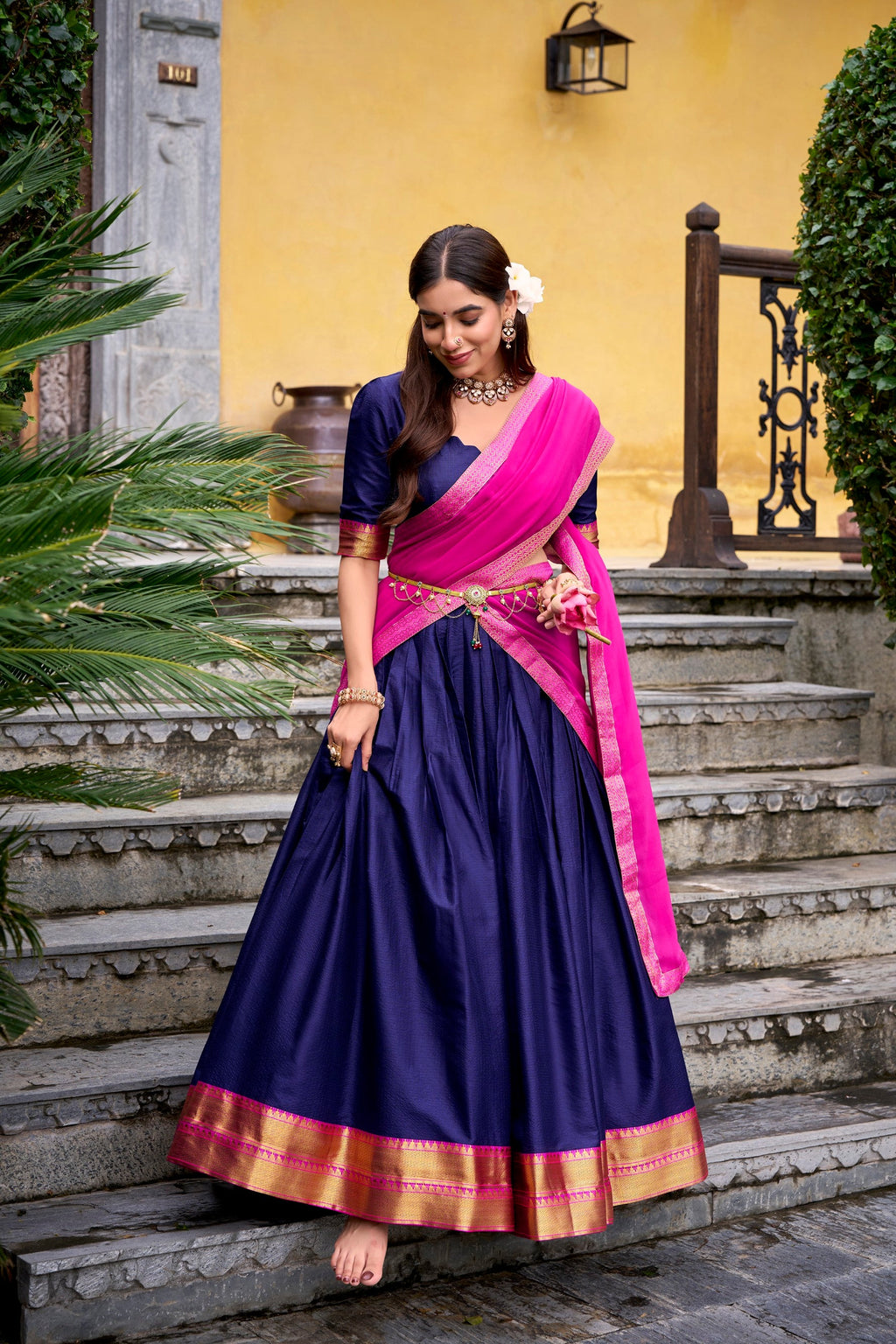 Lorenvalley Fashion Navyblue Poly Cotton Zari Weaving Work Lehenga Choli with Dupatta | Grocsy