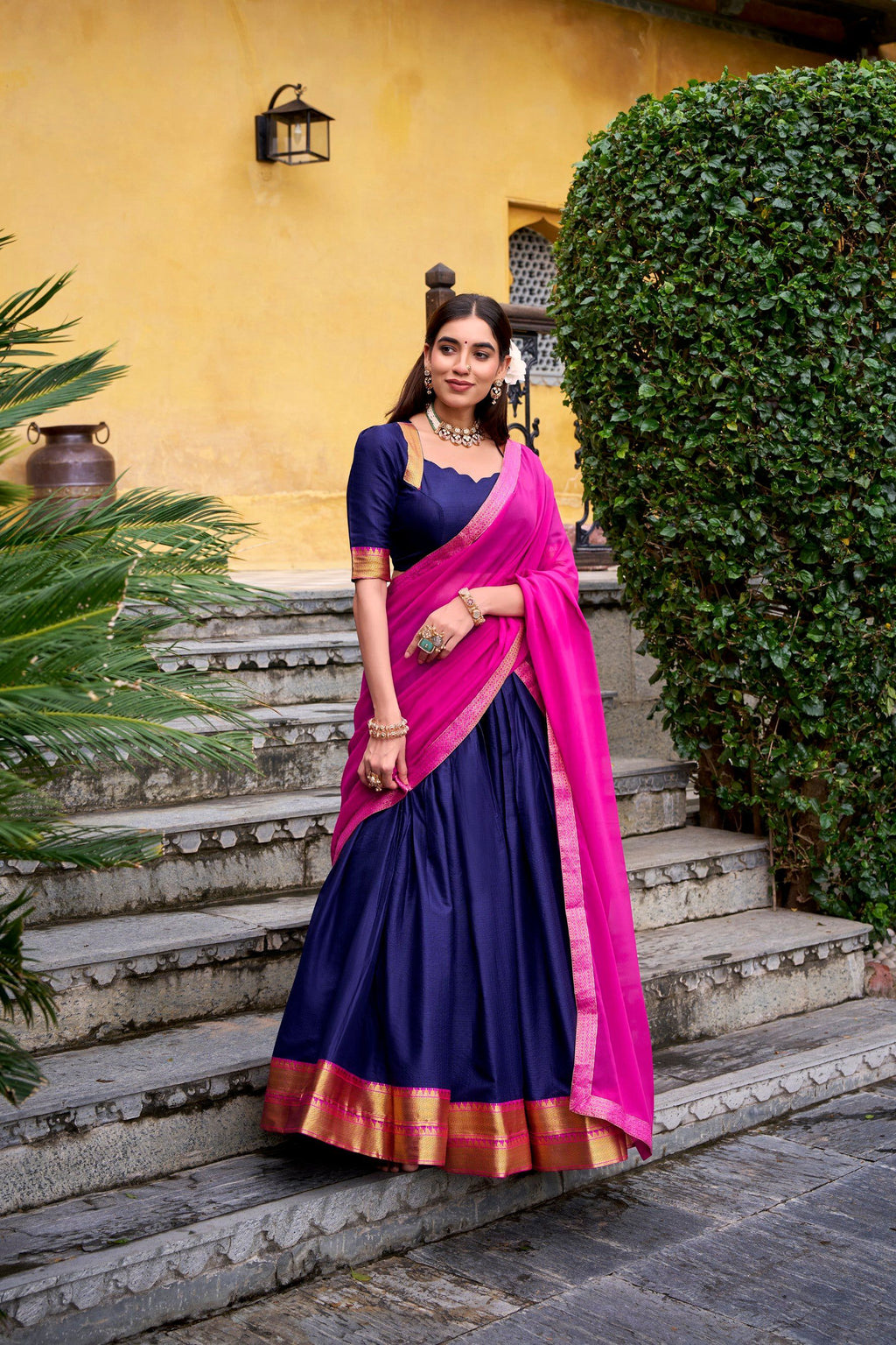 Lorenvalley Fashion Navyblue Poly Cotton Zari Weaving Work Lehenga Choli with Dupatta | Grocsy