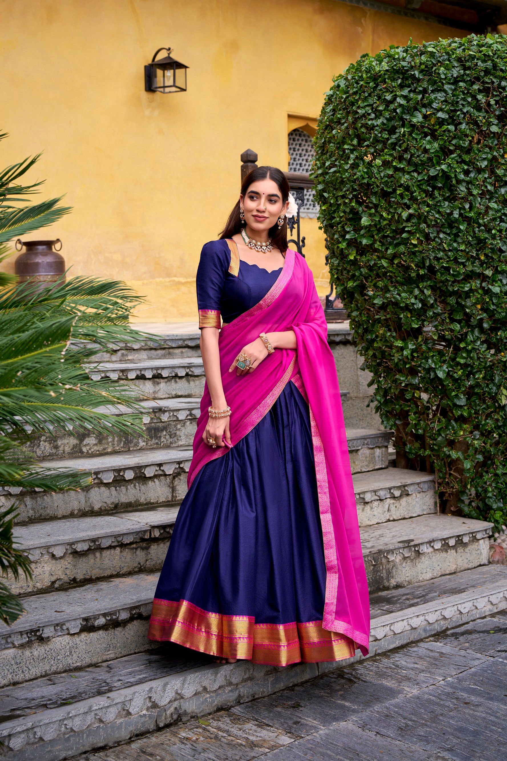 Lorenvalley Fashion Navyblue Poly Cotton Zari Weaving Work Lehenga Choli with Dupatta | Grocsy