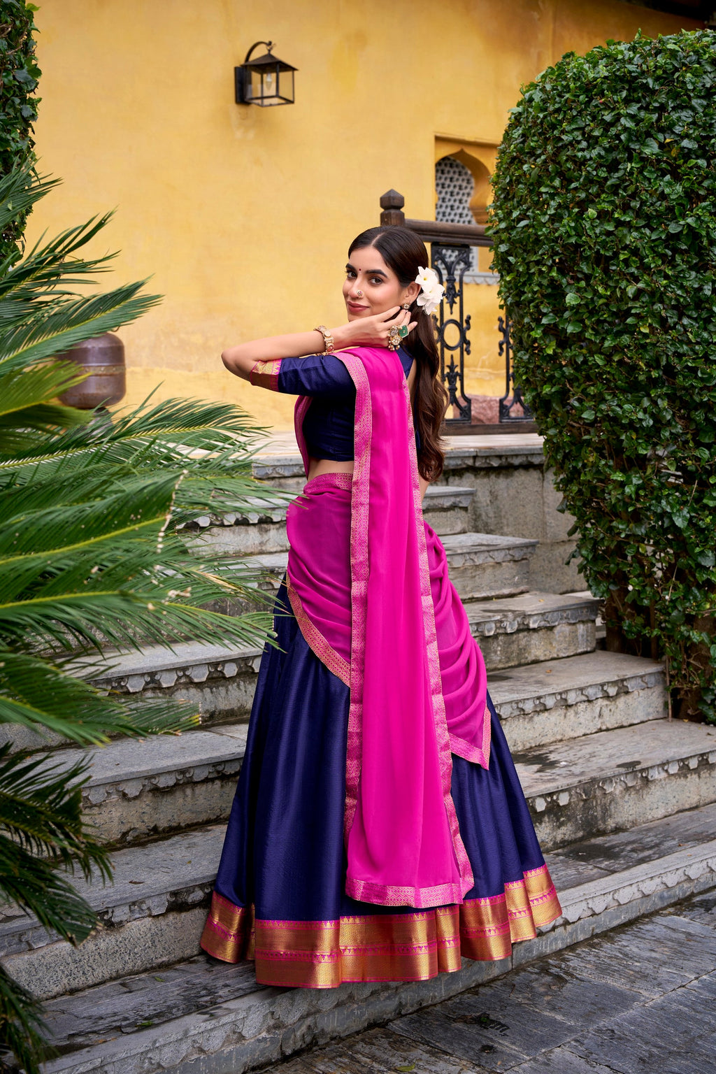 Lorenvalley Fashion Navyblue Poly Cotton Zari Weaving Work Lehenga Choli with Dupatta | Grocsy