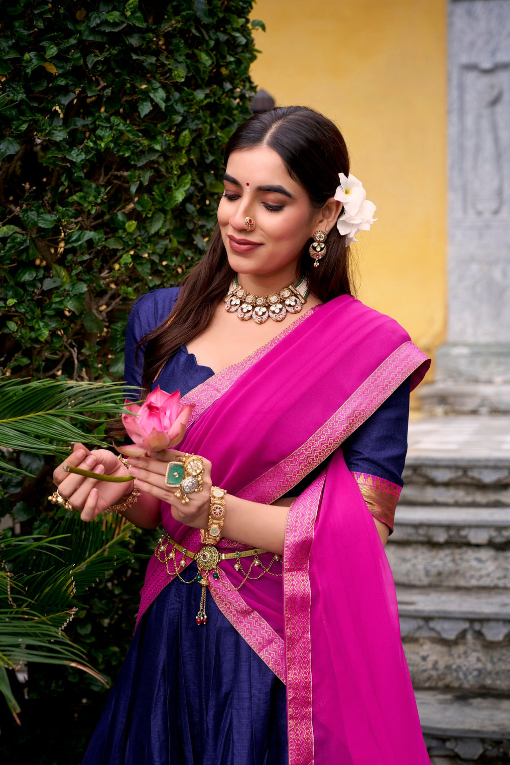 Lorenvalley Fashion Navyblue Poly Cotton Zari Weaving Work Lehenga Choli with Dupatta | Grocsy