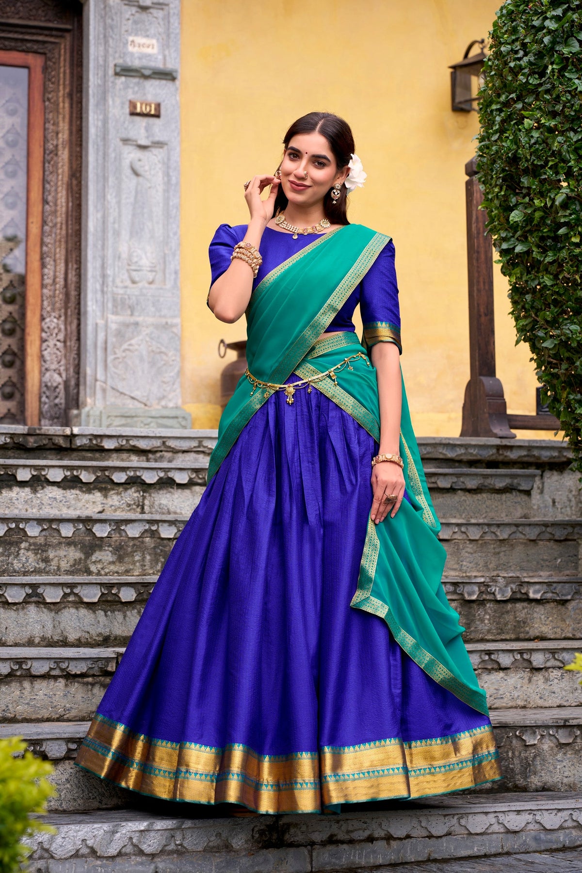 Lorenvalley Fashion Royalblue Poly Cotton Zari Weaving Work Lehenga Choli with Dupatta | Grocsy