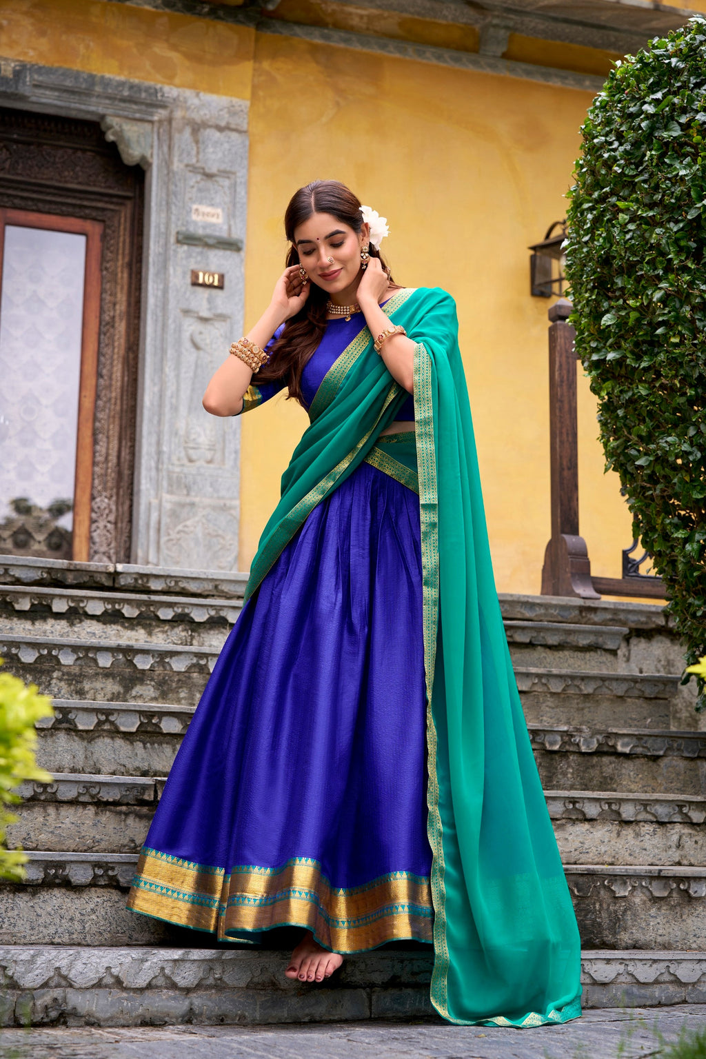 Lorenvalley Fashion Royalblue Poly Cotton Zari Weaving Work Lehenga Choli with Dupatta | Grocsy