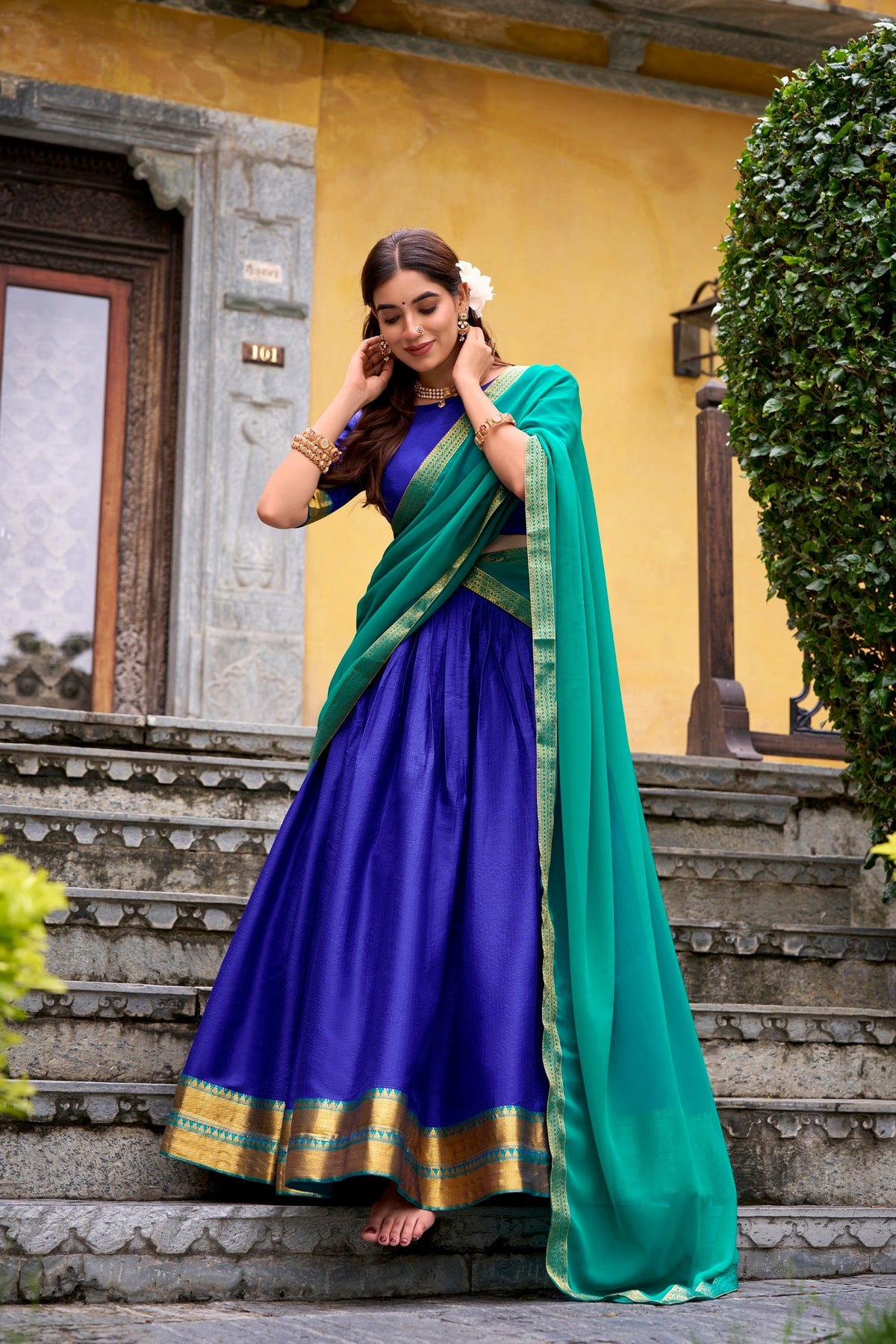 Lorenvalley Fashion Royalblue Poly Cotton Zari Weaving Work Lehenga Choli with Dupatta | Grocsy