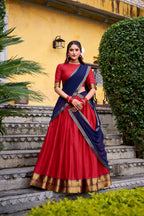 Lorenvalley Fashion Red Poly Cotton Zari Weaving Work Lehenga Choli with Dupatta | Grocsy
