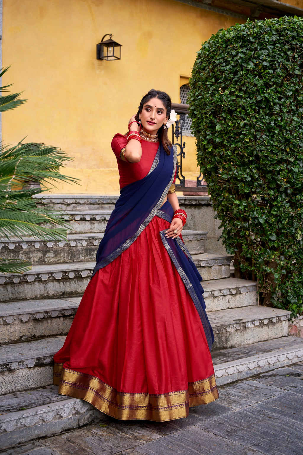 Lorenvalley Fashion Red Poly Cotton Zari Weaving Work Lehenga Choli with Dupatta | Grocsy