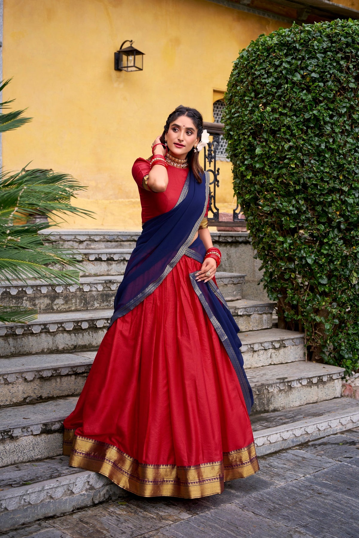 Lorenvalley Fashion Red Poly Cotton Zari Weaving Work Lehenga Choli with Dupatta | Grocsy